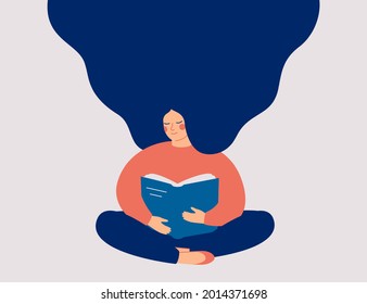 Una mujer feliz se sienta y lee el libro con gusto. Sesión de terapia de libros. Concepto de salud mental. Ilustración del vector