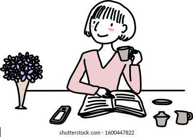 Happy woman sitting alone at cafe, drinking coffee. Cute woman sitting at coffee shop and reading book. Woman sitting and drinking coffee at table with flowers vase, phone, book.
