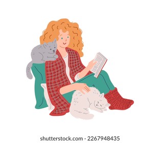 Happy woman sitting in blanket with cats and reading book, flat vector illustration isolated on white background. Girl cuddles cute and furry kittens. Pet owning concept.