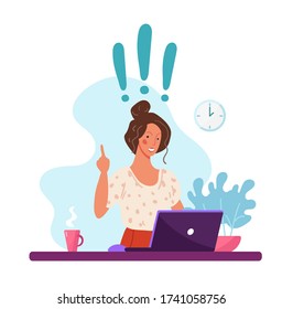 Happy woman sitting at a computer, exclamation marks, concept of a new idea. Illustrations of home office, remote work, distance learning, freelance. Vector flat cartoon isolated