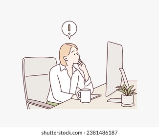 Happy woman sitting at a computer, exclamation marks, concept of a new idea. Hand drawn style vector design illustrations.