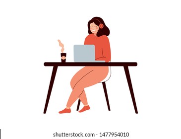 Happy woman sitting at desk and working on laptop computer. Young female helpline operator with headset consulting a client. Technical support concept. Flat cartoon colorful vector illustration. 