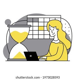 Happy woman sitting at desk and working on her laptop on calendar background. There is an hourglass on the table. Multitasking, productivity and time management concept. Flat vector illustration