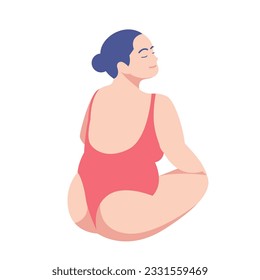 happy woman sitting, fat woman sitting relaxing, body positivity concept cartoon illustration, woman doing yoga in isolated white background