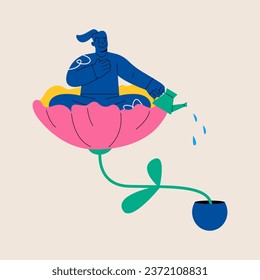 Happy woman sitting in flowers. Concept of self-love. Colorful vector illustration
