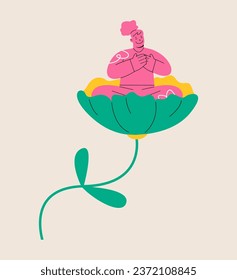 Happy woman sitting in flowers. Concept of self-love. Colorful vector illustration
