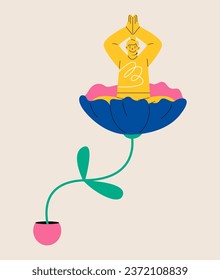 Happy woman sitting in flowers. Meditation and yoga. Colorful vector illustration