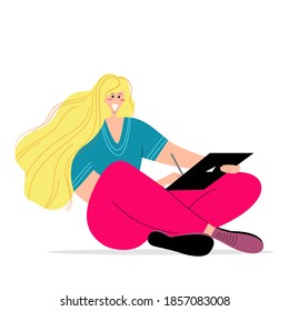 Happy woman sitting and holding tablet and pencil in her hands. Vector illustration in trendy flat and hand drawn styles isolated on white background 