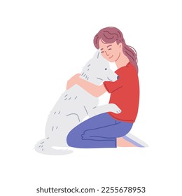 Happy woman sitting and hugging dog, hand drawn flat vector illustration isolated on white background. Person cuddling with big white dog. Concepts of pet owning and care.