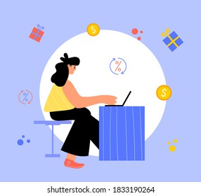 Happy woman sitting at the laptop. Vector illustration. Online reward concept. 