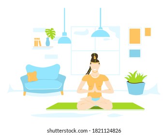 Happy Woman Sitting in Lotus Pose. Young fit women doing sport activities. Healthy Lifestyle Indoor Sports  Flat Vector Illustration. Person working out at home. 