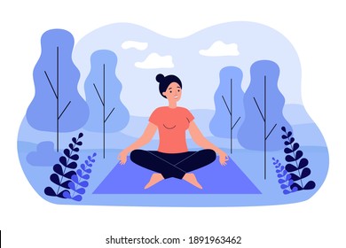 Happy woman sitting in lotus pose on nature flat vector illustration. Cartoon character doing yoga in forest for balance in daily lifestyle. Physical health treatment and fitness concept