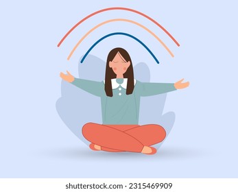 Happy woman sitting in lotus pose and open her arms to rainbow.vector illustration.