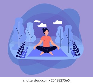 Mujer feliz sentada en pose de loto en la Ilustración vectorial plana de la naturaleza. Personaje de dibujos animados haciendo yoga en el bosque para el equilibrio en el estilo de vida diario. Tratamiento de la salud física y concepto de aptitud