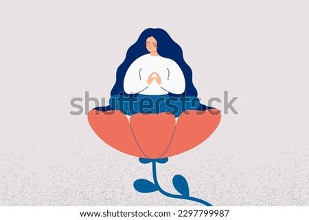 Happy woman sitting in lotus pose inside big flower. Female person closed her eyes and meditates feeling self love and body and mind harmony. Mental health concept. Vector illustration