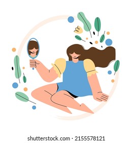 Happy woman sitting with a mirror in her hand and looking at herself surrounded by plants and flowers. The concept of mental health, self care, therapy and acceptance. Vector illustration of lifestyle