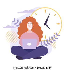 A happy woman is sitting near the clock and working on a business process in a laptop. The concept of multitasking, productivity and time management. Flat vector illustration.