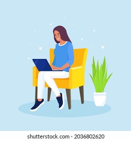 Happy woman sitting on armchair and working on laptop. Freelance, online studying, work from home, coworking space concept. Vector illustration