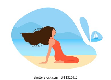 Happy woman sitting on the beach and meditating. Young girl doing morning stretching. Smiling female character enjoying her freedom and life. Wellbeing. Positive body and health care concept