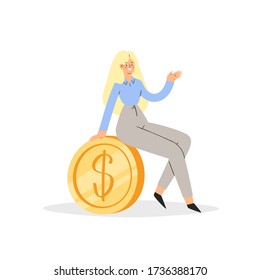 Happy woman sitting on big golden coin. Rich businesswoman or millionaire, careless wealthy character with money, financial success, lottery win, fortune, good luck, business concept isolated 