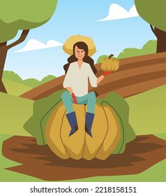 Happy woman sitting on big pumpkin in the field, flat vector illustration. Concepts of autumn harvest and agriculture. Farmer character working in the filed and harvesting vegetables.