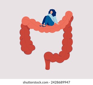 Happy woman sitting on big Human Intestine. Female character has healthy colon. Digestive system concept and Illness guts Prevention. `Vector illustration