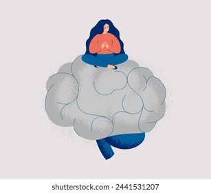 Happy woman sitting on big Human Brain. Female person has healthy mind and mental wellbeing. Positive thinking and Mental illness prevention concept.`Vector illustration