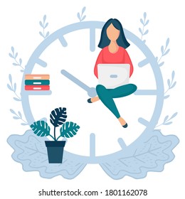 Happy woman sitting on the clock arrows and working on her laptop or smartphone. Multitasking, productivity, deadline and time management concept. Mechanical watches.