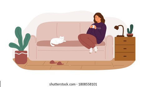 Happy woman sitting on couch holding cup of tea vector flat illustration. Relaxed female enjoying weekend at cozy home isolated on white. Smiling character spending time with cat feeling calmness.