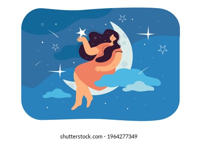 Happy woman sitting on crescent and holding star flat vector illustration. Cartoon character sleeping, relaxing and dreaming at night. REM state and healthy dreams concept