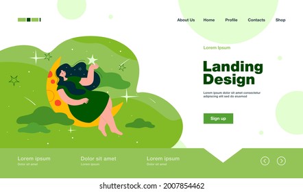 Happy woman sitting on crescent and holding star flat vector illustration. Cartoon character sleeping, relaxing and dreaming at night. REM state and healthy dreams concept