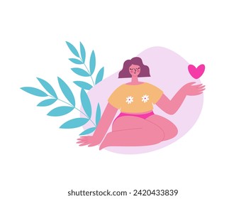 Happy woman sitting on the floor. Girl in pink panties with a heart in her hand. Happy period time. Bodypositive concept