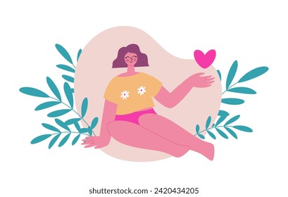 Happy woman sitting on the floor. Girl in pink panties with a heart in her hand. Happy period time. Bodypositive concept	
