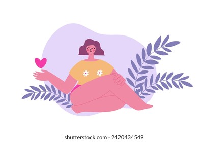 Happy woman sitting on the floor. Girl in pink panties with a heart in her hand. Happy period time. Bodypositive concept	
