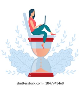 Happy woman sitting on the hourglass and working on her laptop or smartphone. Multitasking, productivity, deadline and time management concept. Isolated on white.