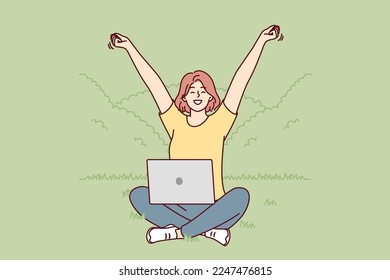 Happy woman sitting on lawn in park with laptop on knees enjoying good weather stretching hands up. Girl blogger or internet journalist doing job sitting in nature. Flat vector illustration