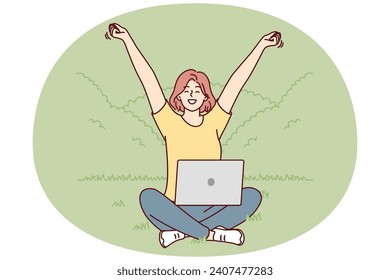 Happy woman sitting on lawn in park with laptop on knees enjoying good weather stretching hands up. Girl blogger or internet journalist doing job sitting in nature. Flat vector illustration