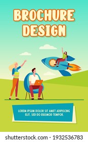 Happy woman sitting on rocket and waving colleagues. Fire, start, laptop flat vector illustration. Project startup and new business concept for banner, website design or landing web page