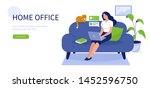 Happy woman sitting on sofa with laptop.  Can use for backgrounds, infographics, hero images. Flat style modern vector illustration.