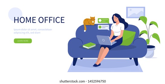 Happy woman sitting on sofa with laptop.  Can use for backgrounds, infographics, hero images. Flat style modern vector illustration.