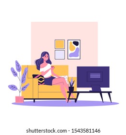 Happy woman sitting on the sofa and watch TV show. Comfortable couch, relaxation at home. Isolated vector illustration in cartoon style