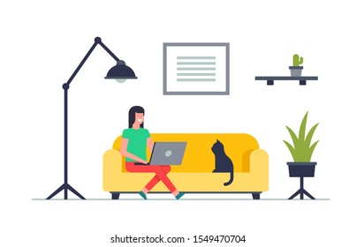 Happy woman sitting on sofa with laptop. Working on a computer. isolated on white background 