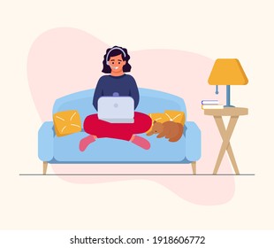 Happy woman sitting on sofa with laptop. Woman working at office or at home vector cartoon illustration