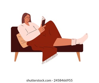 Happy woman sitting on the sofa under the blanket and reading book vector flat illustration. Cozy home mood. Cartoon female booklover character relaxing with novel isolated on white