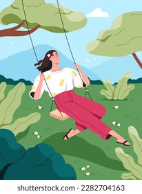 Mujer feliz sentada sobre columpios en la naturaleza. Niña joven despreocupada que se refresca al aire libre en las vacaciones de verano, soñando, relajándose, disfrutando de la vida. Libertad, felicidad, concepto de armonía. Ilustración vectorial plana