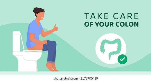 Happy Woman Sitting On The Toilet And Giving A Thumbs Up, Healthy Colon Concept