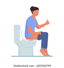 Happy Woman Sitting On The Toilet And Giving A Thumbs Up, Healthy Colon Concept