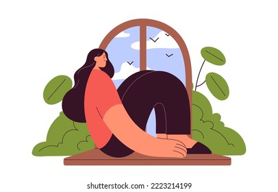 Happy woman sitting on windowsill, looking outside at sky, clouds and birds. Young girl relaxing, resting on window sill at home. Flat graphic vector illustration isolated on white background