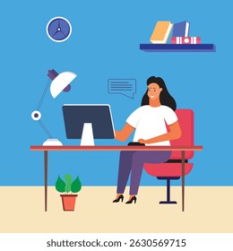 Happy woman sitting at the table at home with laptop. Work from home. Freelance. Stay at home