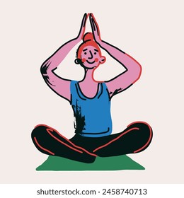 Happy woman is sitting in yoga pose on green mat. Her legs crossed and hands above her head. Lotus position while meditating